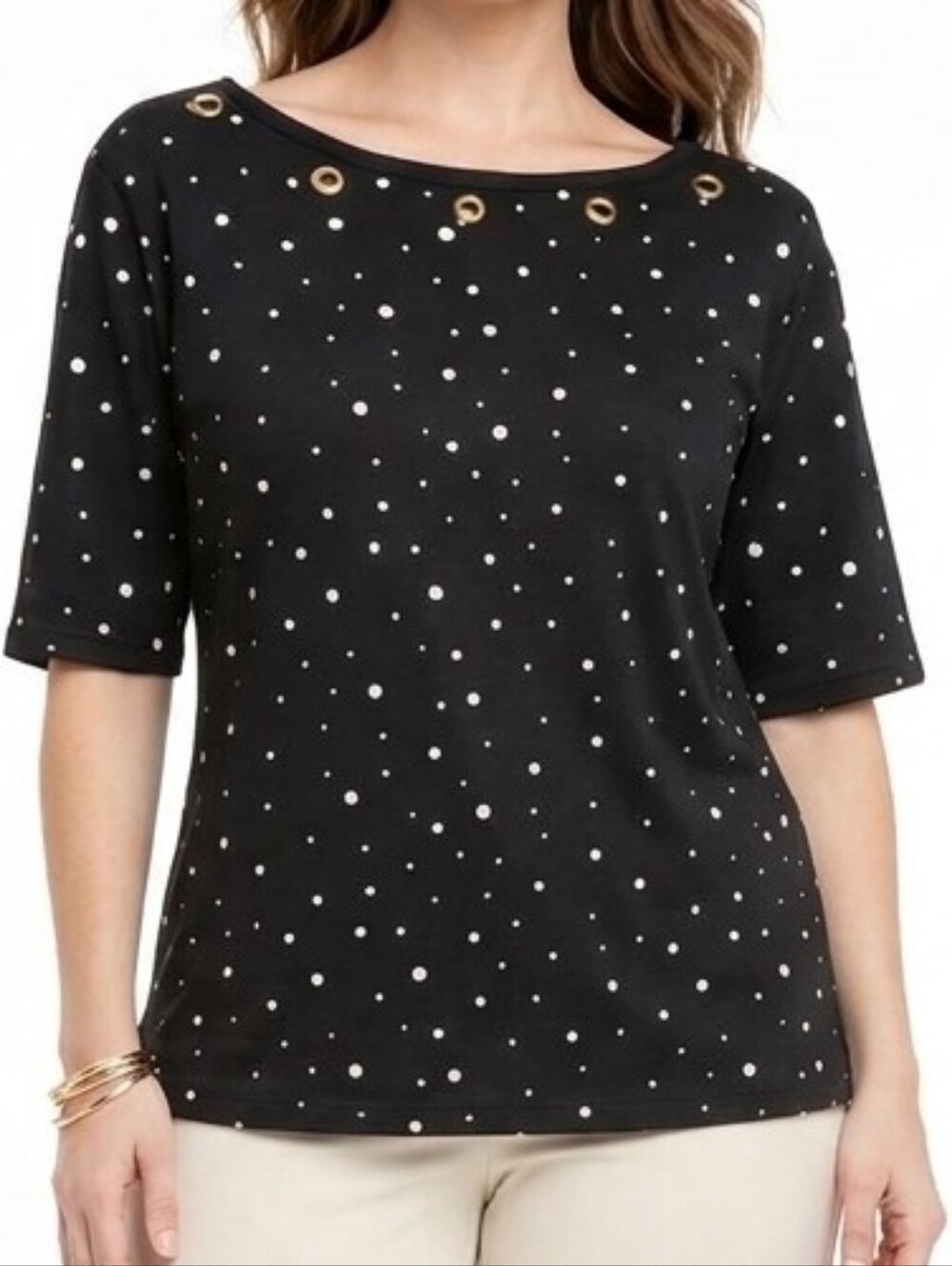 The Quaker Factory Polka Dot Top With Glitter Grommet Detail Black White 2X